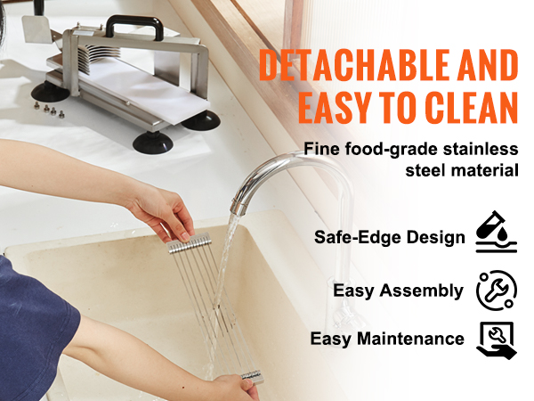 person washing a VEVOR tomato slicer blade under a kitchen faucet; detachable and easy to clean.