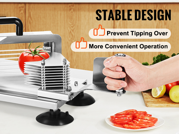 VEVOR tomato slicer with serrated blade and rubber non-slip feet ensures stable, quick, and convenient slicing.