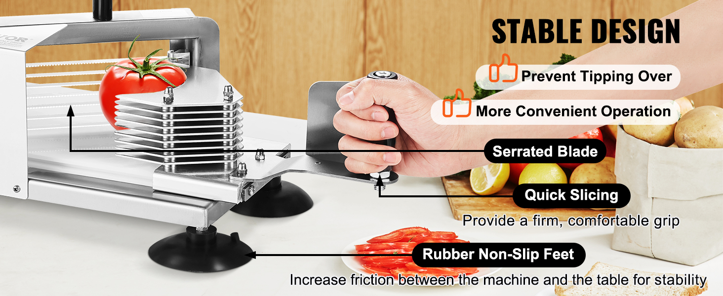 VEVOR tomato slicer with serrated blade and rubber non-slip feet ensures stable, quick, and convenient slicing.