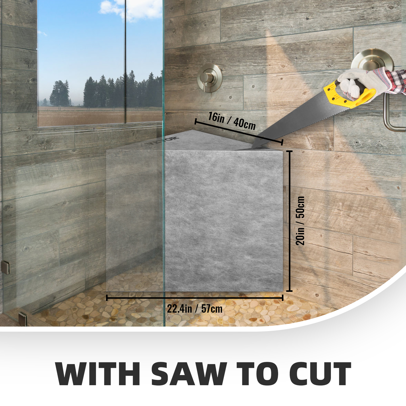 VEVOR tile shower seat installation with dimensions and a hand saw for cutting.