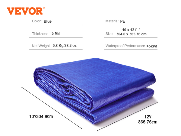 VEVOR waterproof tarp - blue, 10x12 ft, pe material, 5 mil thick, 0.8kg, waterproof >5kpa.