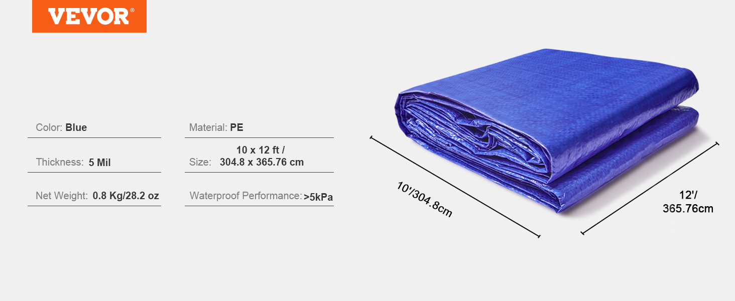 VEVOR waterproof tarp - blue, 10x12 ft, pe material, 5 mil thick, 0.8kg, waterproof >5kpa.