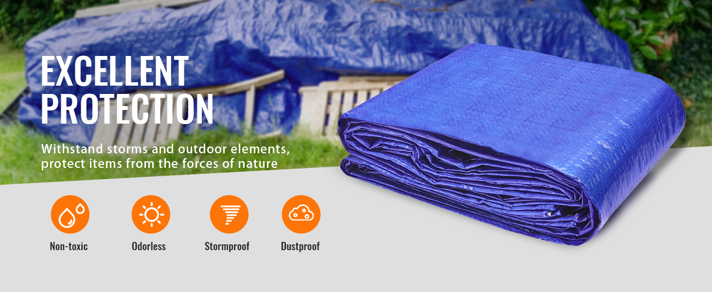VEVOR waterproof tarp: blue tarp providing non-toxic, odorless, stormproof, and dustproof protection outdoors.