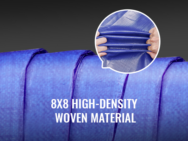 blue VEVOR waterproof tarp with 8x8 high-density woven material being stretched by hands.