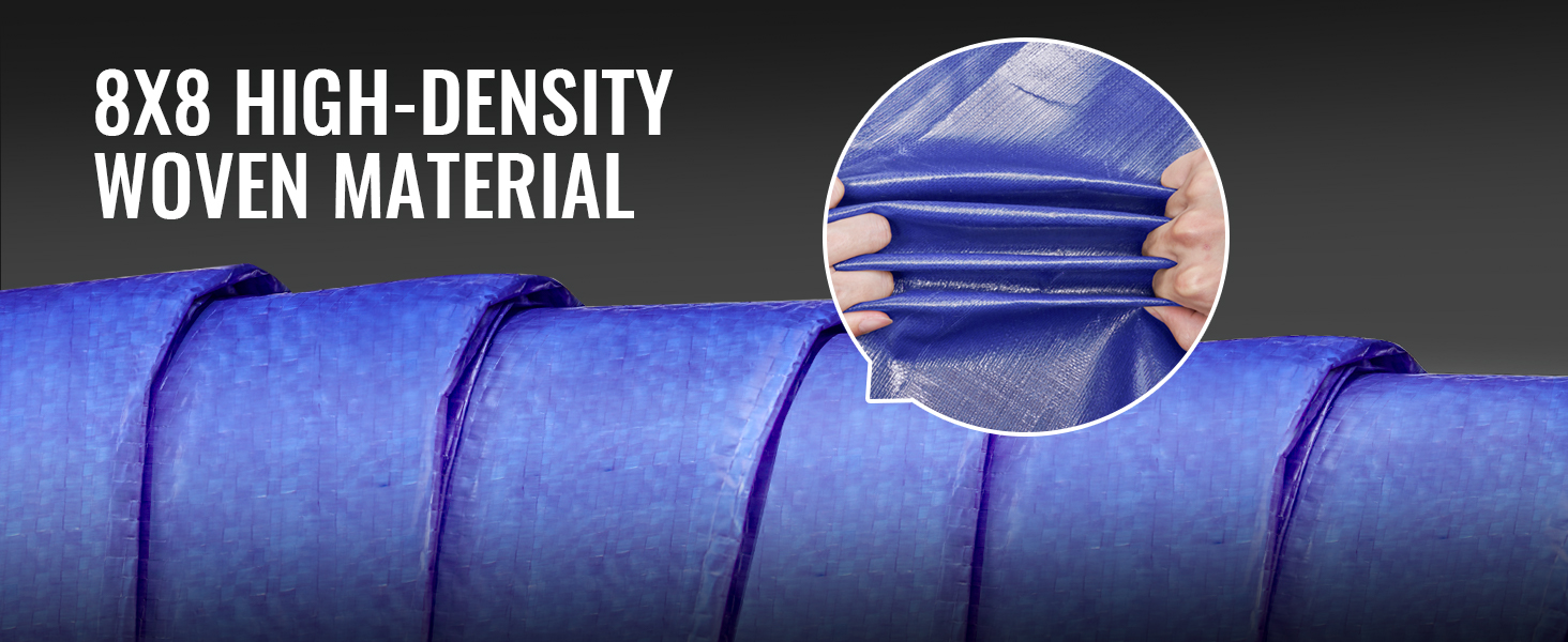 blue VEVOR waterproof tarp with 8x8 high-density woven material being stretched by hands.