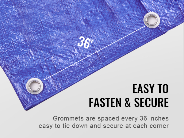 blue VEVOR waterproof tarp with grommets spaced every 36 inches for easy fastening and securing.