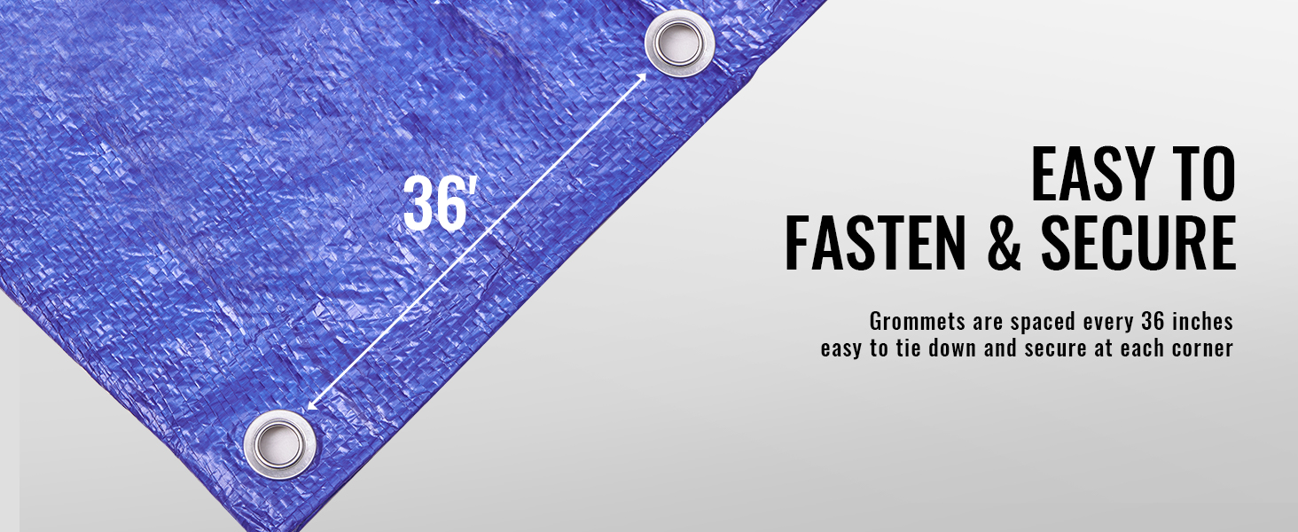 blue VEVOR waterproof tarp with grommets spaced every 36 inches for easy fastening and securing.