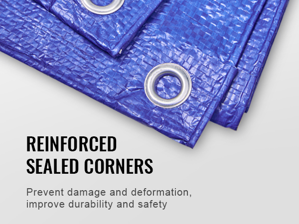 reinforced sealed corners of blue VEVOR waterproof tarp with metal grommets.