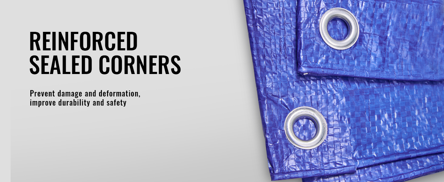 reinforced sealed corners of blue VEVOR waterproof tarp with metal grommets.