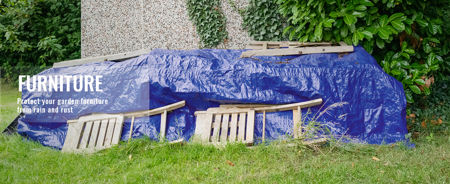 VEVOR waterproof tarp covering wooden garden furniture, protecting it from rain and rust in a green yard.