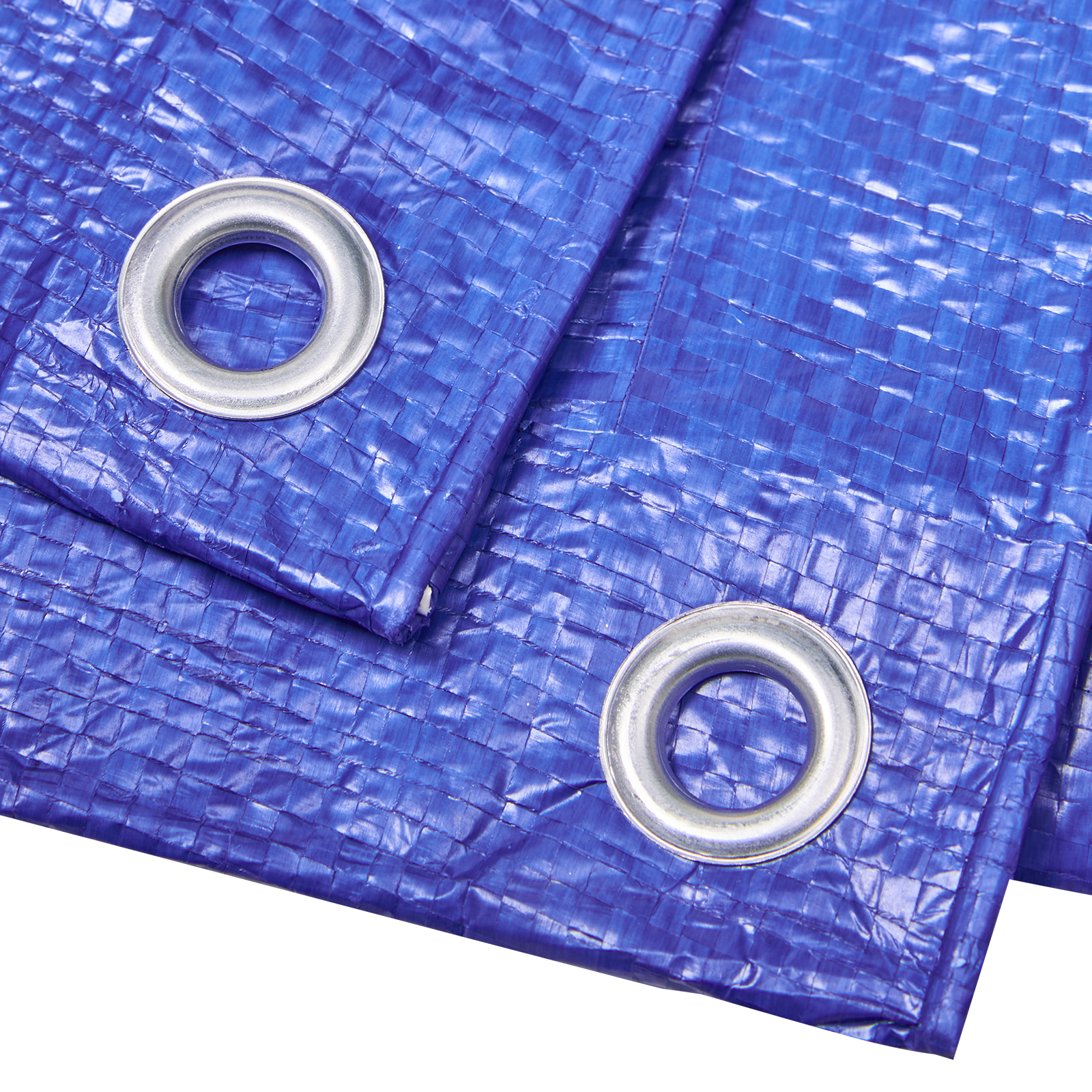 blue VEVOR waterproof tarp with metal grommets, showcasing its durable, woven polyethylene texture.