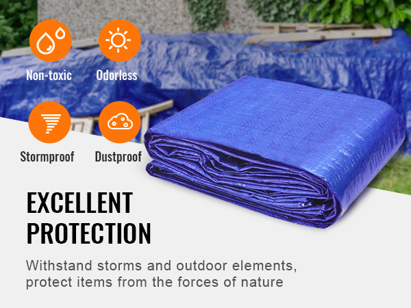 VEVOR waterproof tarp folded neatly, highlighting non-toxic, odorless, stormproof, and dustproof features.