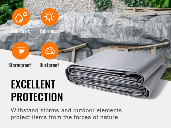 VEVOR tarp offering non-toxic, stormproof, and dustproof protection for outdoor items.