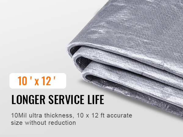 VEVOR tarp 10x12, 10mil thickness for longer service life, shown folded with text specs.