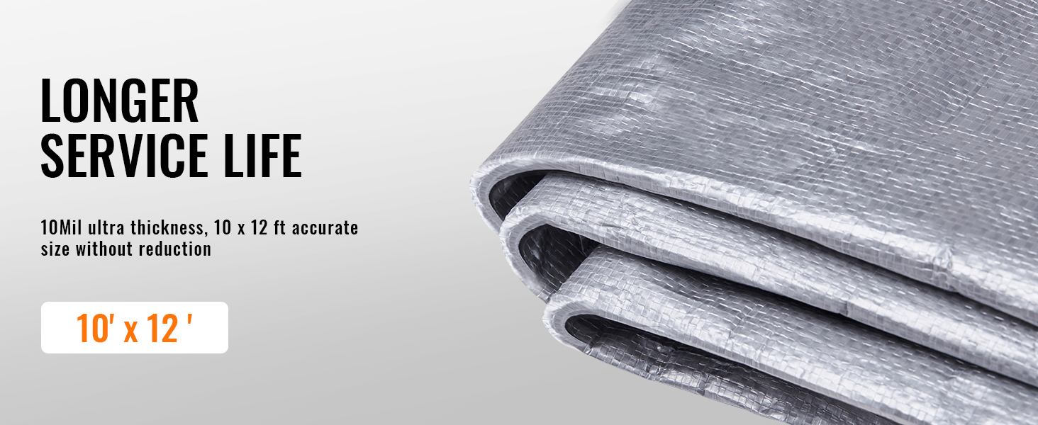 VEVOR tarp 10x12, 10mil thickness for longer service life, shown folded with text specs.