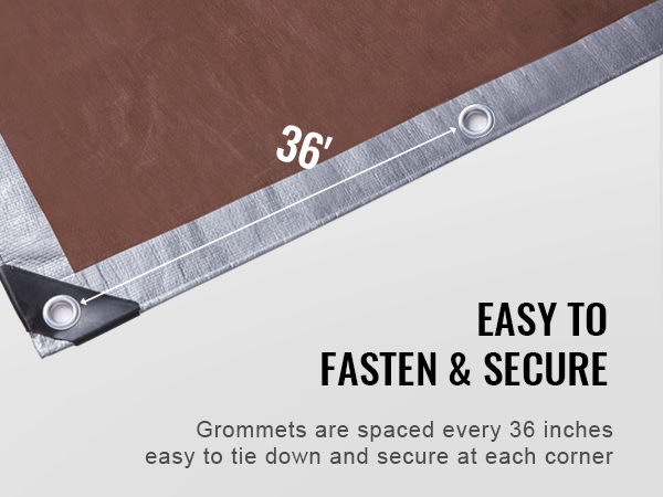 VEVOR tarp with grommets every 36 inches, easy to fasten and secure at each corner.