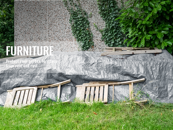 VEVOR tarp covers garden furniture, protecting it from rain and rust, set against a green background.