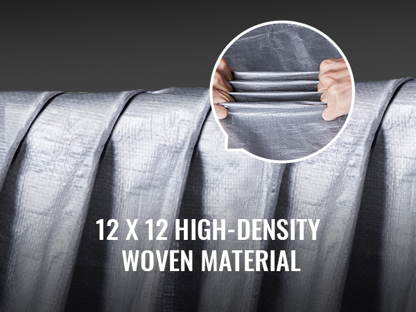 VEVOR waterproof tarp made of 12x12 high-density woven material, showcasing durability and thickness.
