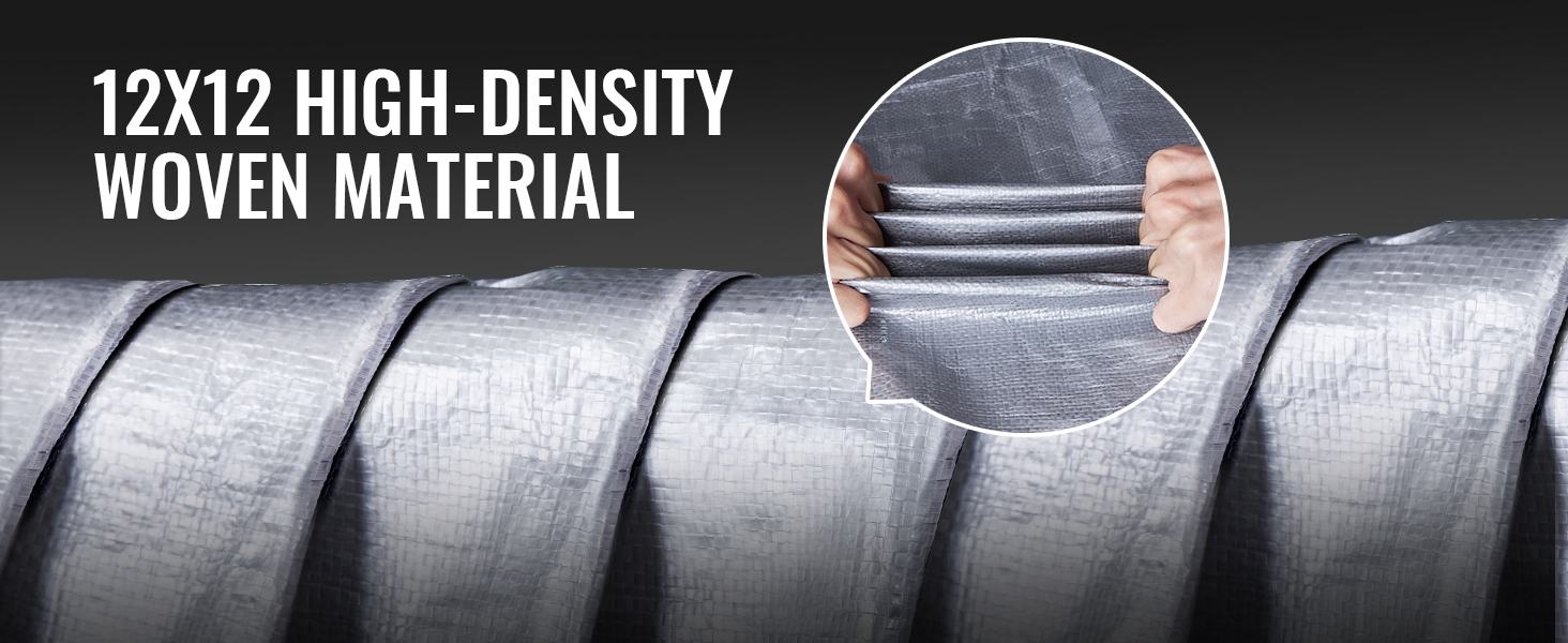 VEVOR waterproof tarp made of 12x12 high-density woven material, showcasing durability and thickness.