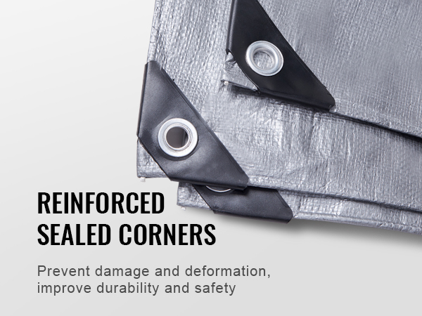 VEVOR waterproof tarp with reinforced sealed corners, enhancing durability and safety, preventing damage.
