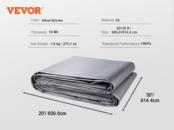 VEVOR waterproof tarp, silver/brown, pe, 10 mil thick, 20x30 ft, 7.8 kg, folded, dimensions shown.
