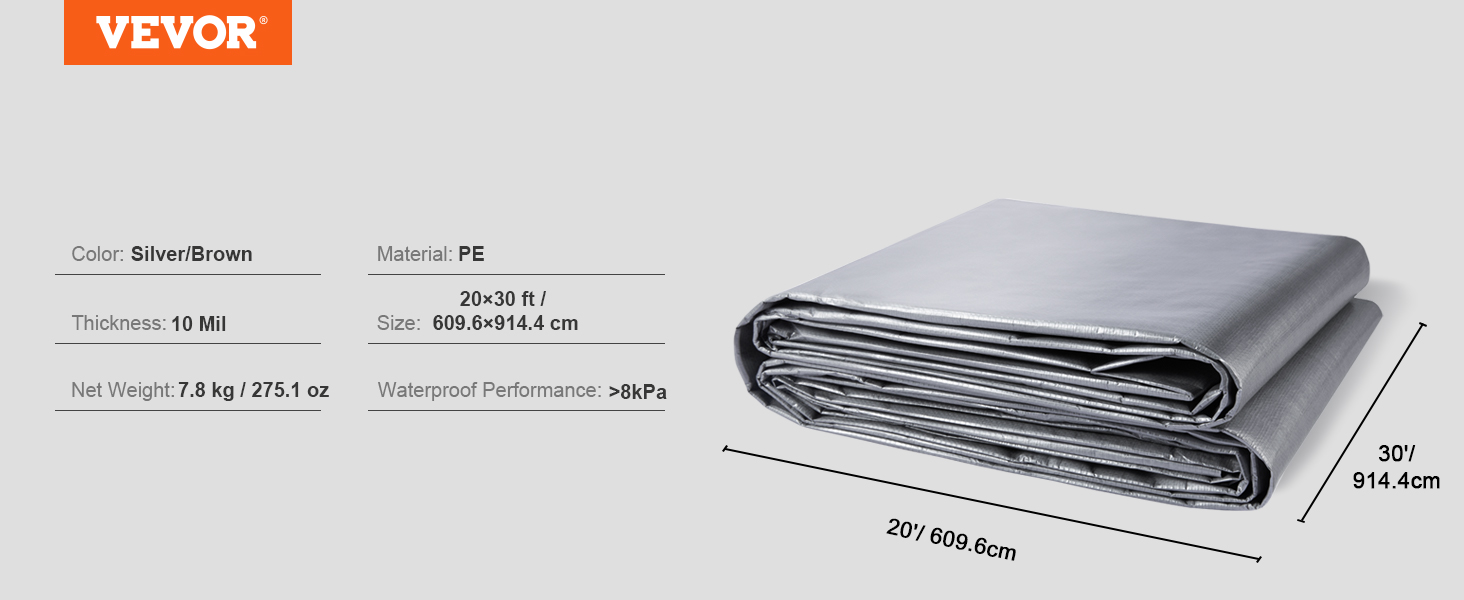 VEVOR waterproof tarp, silver/brown, pe, 10 mil thick, 20x30 ft, 7.8 kg, folded, dimensions shown.