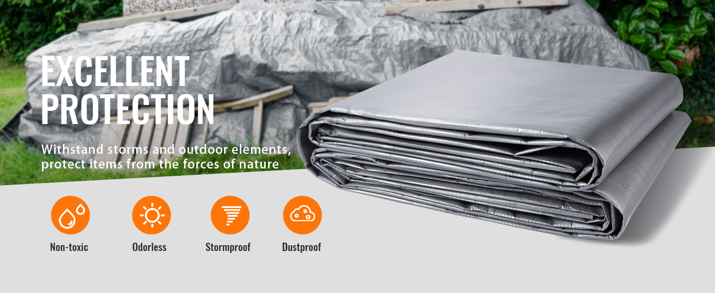 VEVOR waterproof tarp providing excellent protection, non-toxic, odorless, stormproof, and dustproof.
