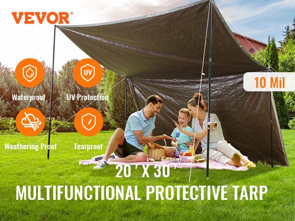 family enjoying a picnic under a VEVOR waterproof tarp with uv protection and weatherproof features.