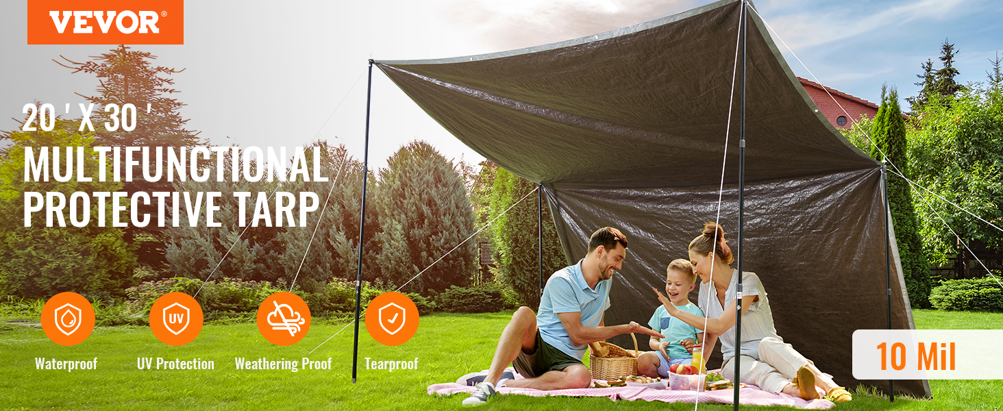 family enjoying a picnic under a VEVOR waterproof tarp with uv protection and weatherproof features.