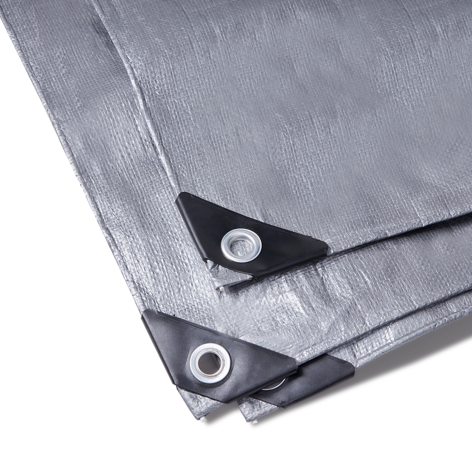 gray VEVOR waterproof tarp with reinforced grommets and black corner protectors on folded edges.