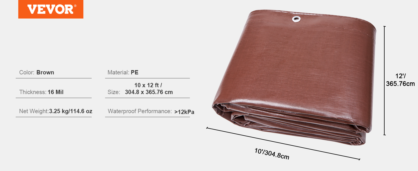 VEVOR ūdensnecaurlaidīgs brezenta audekls brūnā krāsā, pe materiāls, 10x12 pēdas, 16 mil biezums, salocīts, ar redzamu ielaidumu.