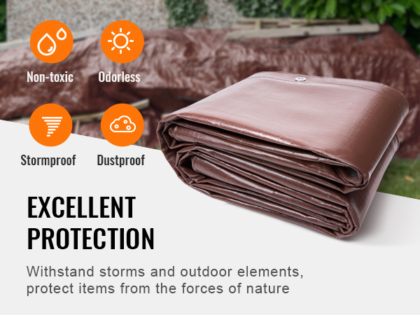 VEVOR waterproof tarp for excellent protection; non-toxic, odorless, stormproof, and dustproof.