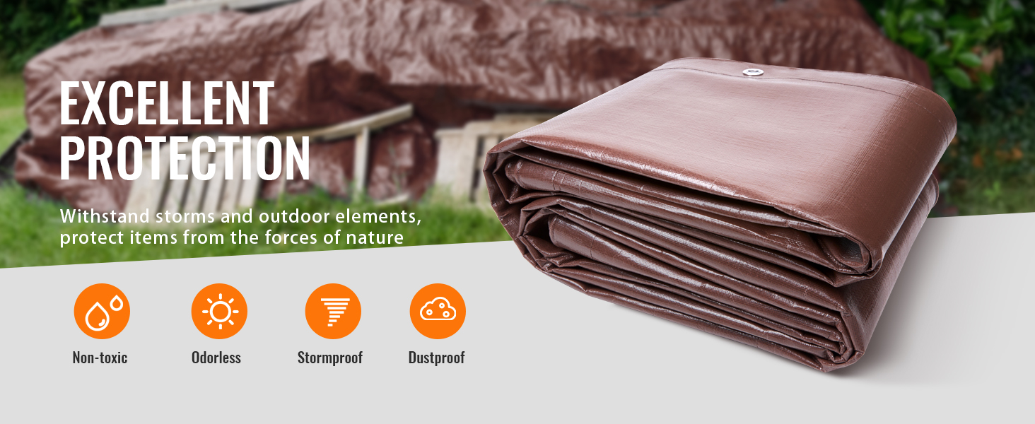 VEVOR waterproof tarp for excellent protection; non-toxic, odorless, stormproof, and dustproof.