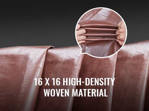 16x16 high-density woven material VEVOR waterproof tarp in brown held by hands.