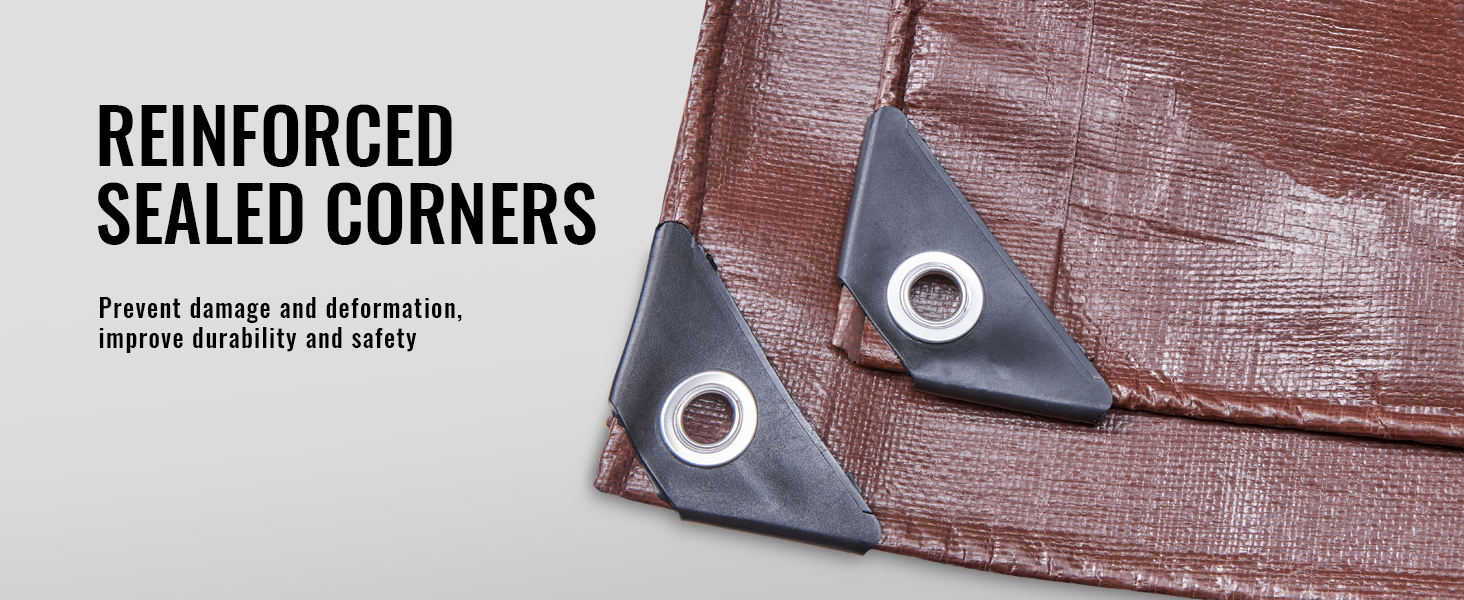 VEVOR waterproof tarp with reinforced sealed corners for increased durability and safety.