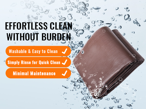 VEVOR waterproof tarp submerged in water with text highlighting easy cleaning and minimal maintenance.