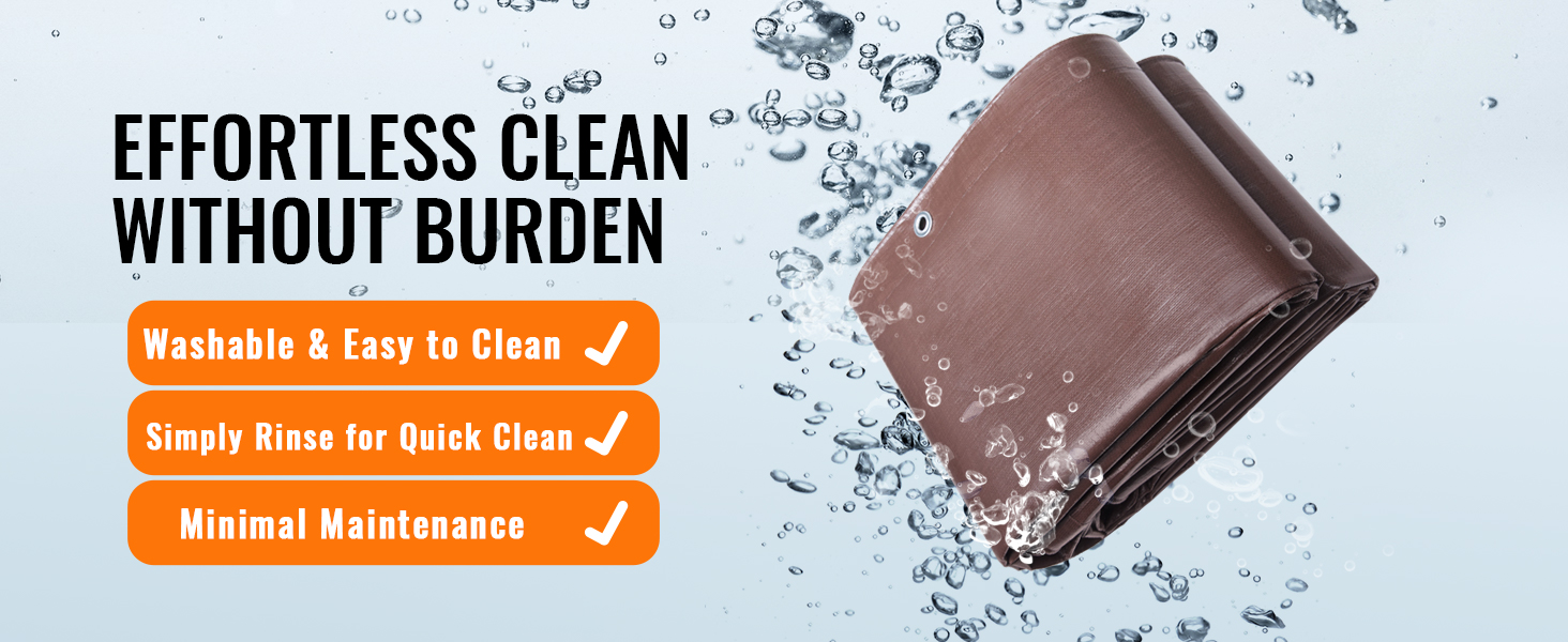 VEVOR waterproof tarp submerged in water with text highlighting easy cleaning and minimal maintenance.