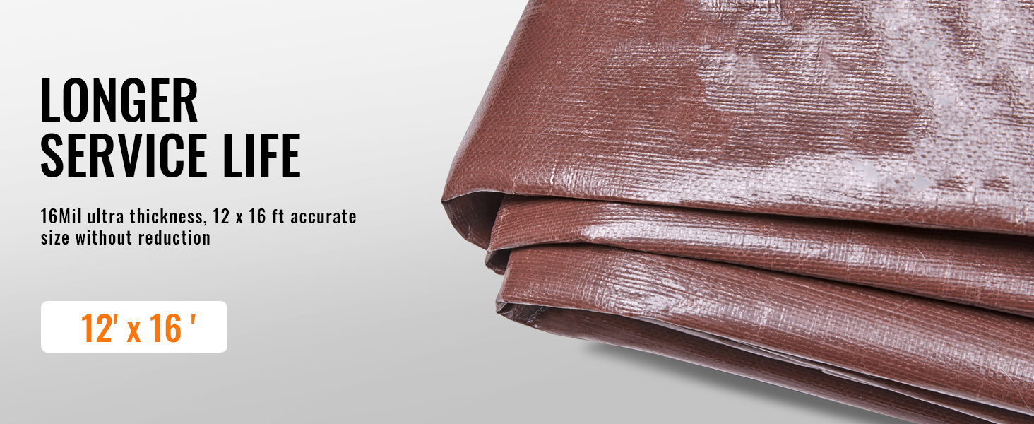 VEVOR waterproof tarp, 12' x 16', 16mil ultra thickness, longer service life, folded brown tarp