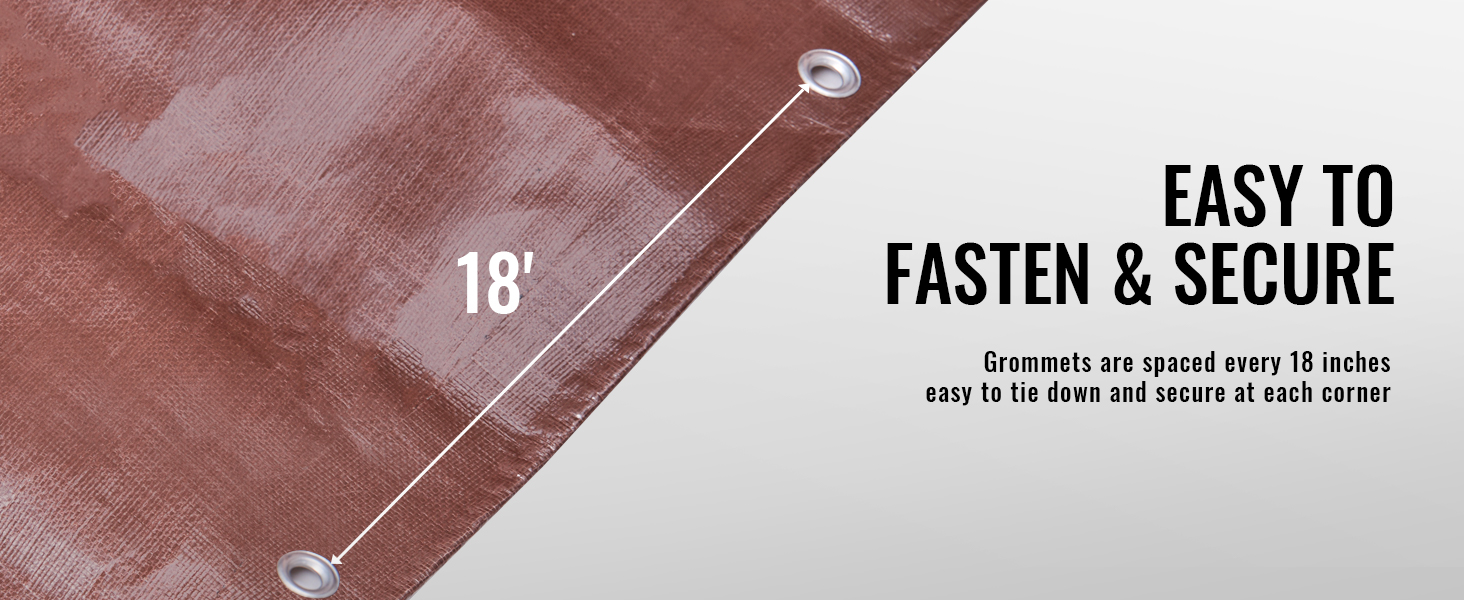 brown VEVOR waterproof tarp with grommets every 18 inches for easy fastening and securing.