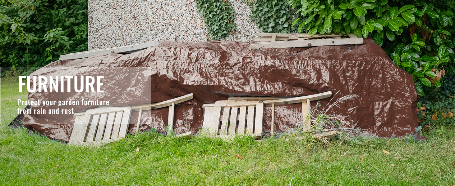 garden furniture covered by brown VEVOR waterproof tarp for protection against rain and rust in yard.