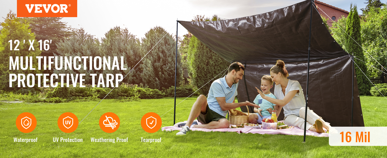VEVOR waterproof tarp: 12x16 multifunctional protective tarp for outdoor use, perfect for picnics and camping.