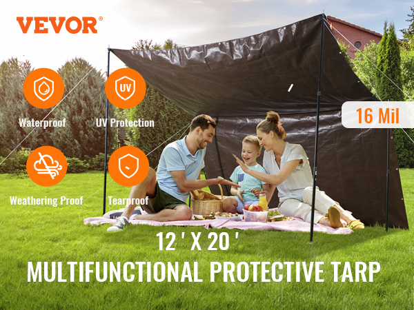 family enjoying picnic under VEVOR tarp 12x20 ft, featuring waterproof, uv protection, and tearproof qualities.