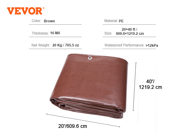 VEVOR extra thick waterproof tarp, 20x40 ft brown pe, 16 mil thickness, 20 kg, waterproof >12kpa.