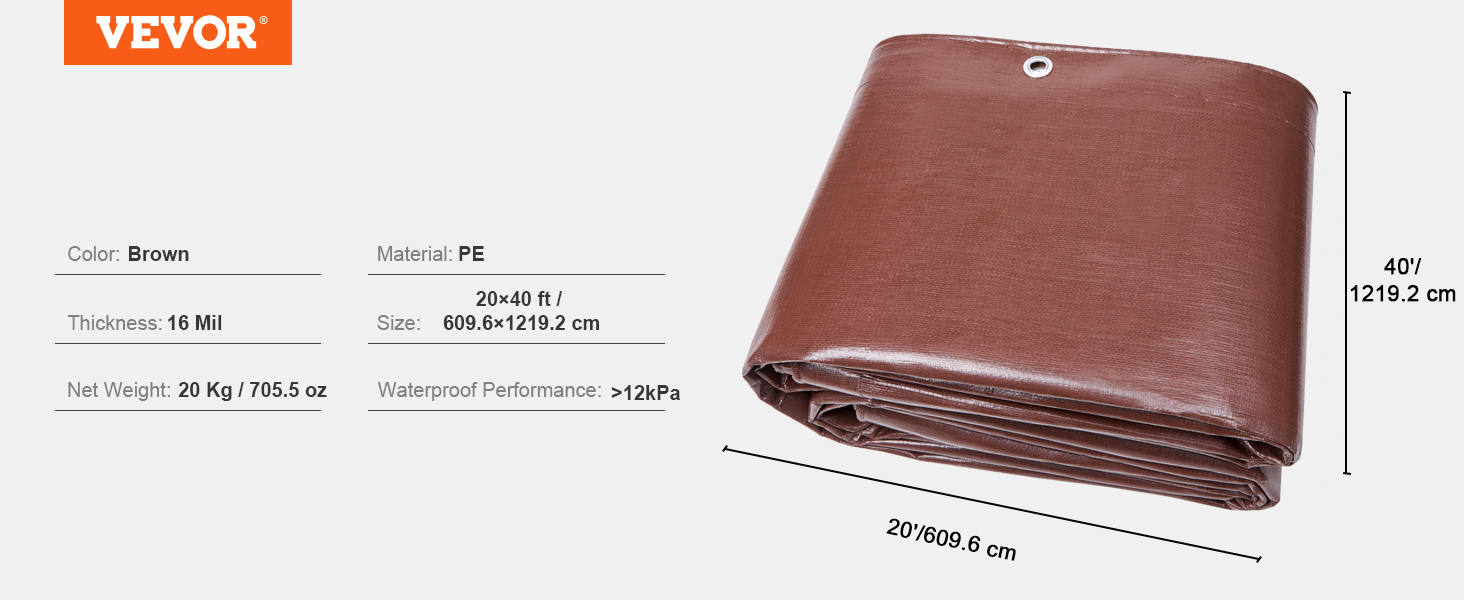 VEVOR extra thick waterproof tarp, 20x40 ft brown pe, 16 mil thickness, 20 kg, waterproof >12kpa.
