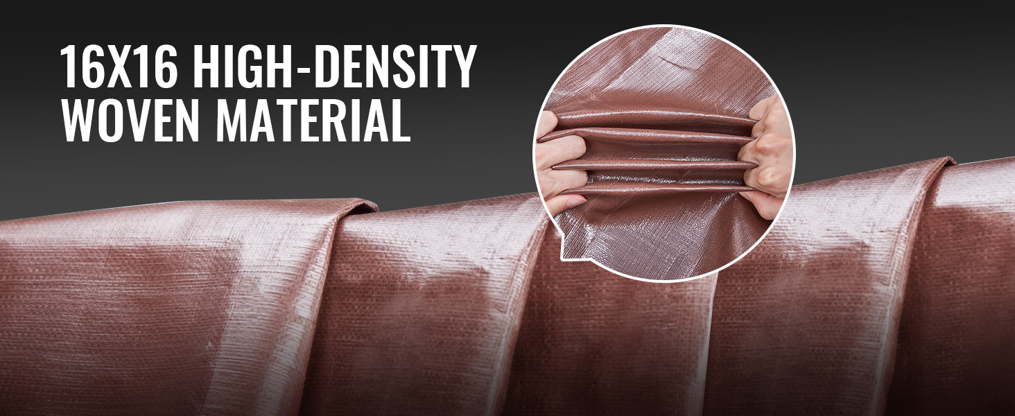 16x16 high-density woven material of VEVOR extra thick waterproof tarp, close-up on durability.
