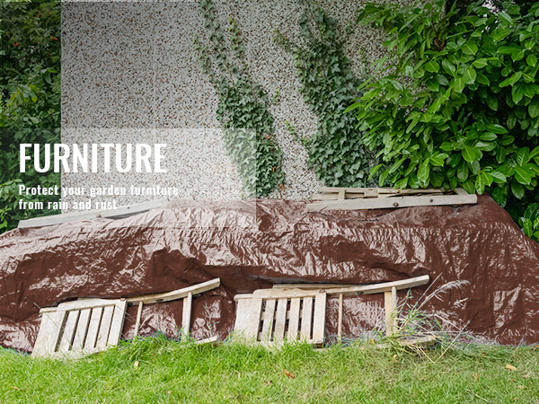 garden furniture protected under VEVOR extra thick waterproof tarp against rain and rust.