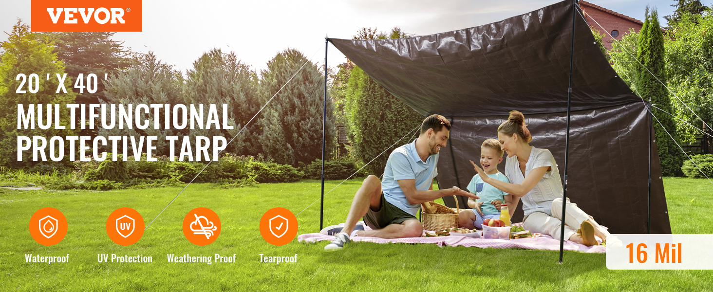 VEVOR extra thick waterproof tarp providing shade for a family picnic in a green garden.