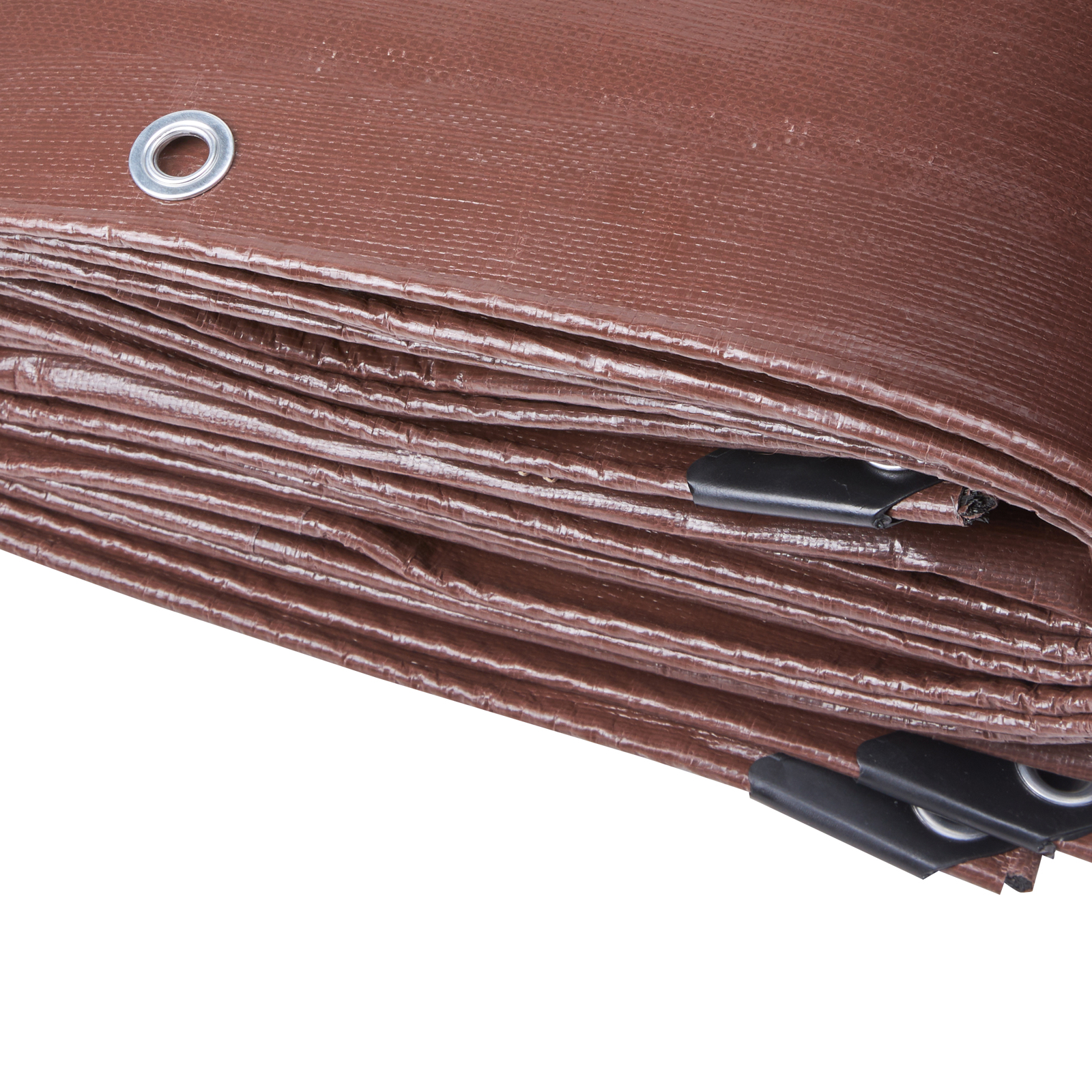 folded brown VEVOR extra thick waterproof tarp with metal grommets and black reinforcement clips.