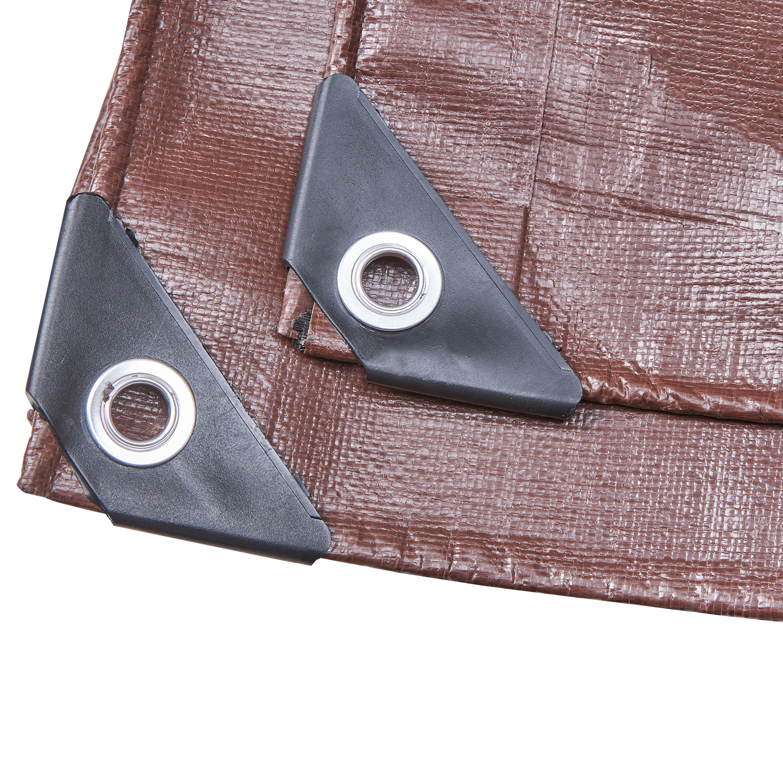 brown VEVOR extra thick waterproof tarp featuring reinforced corners and metal grommets.