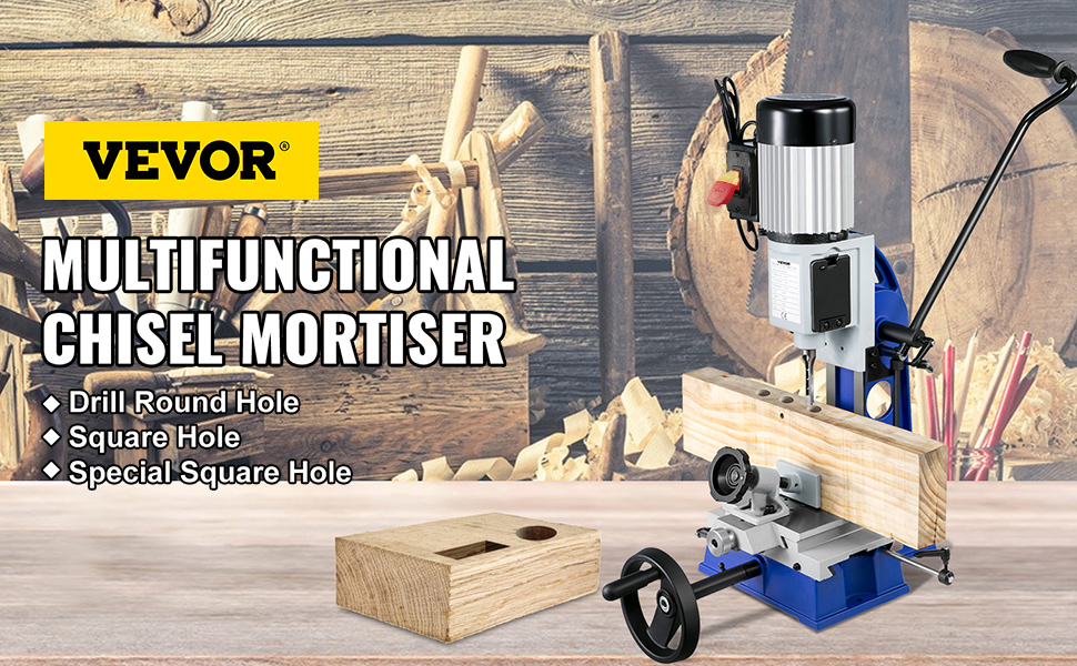 VEVOR woodworking mortise machine with multifunctional chisel, drills and wood.